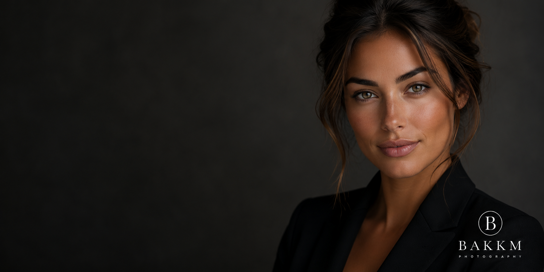Close-up portrait of a woman with medium-length brown hair with highlights, wearing a black blazer, looking directly at the camera with a slight smile against a dark background. BAKKM Photography logo in the bottom right corner.