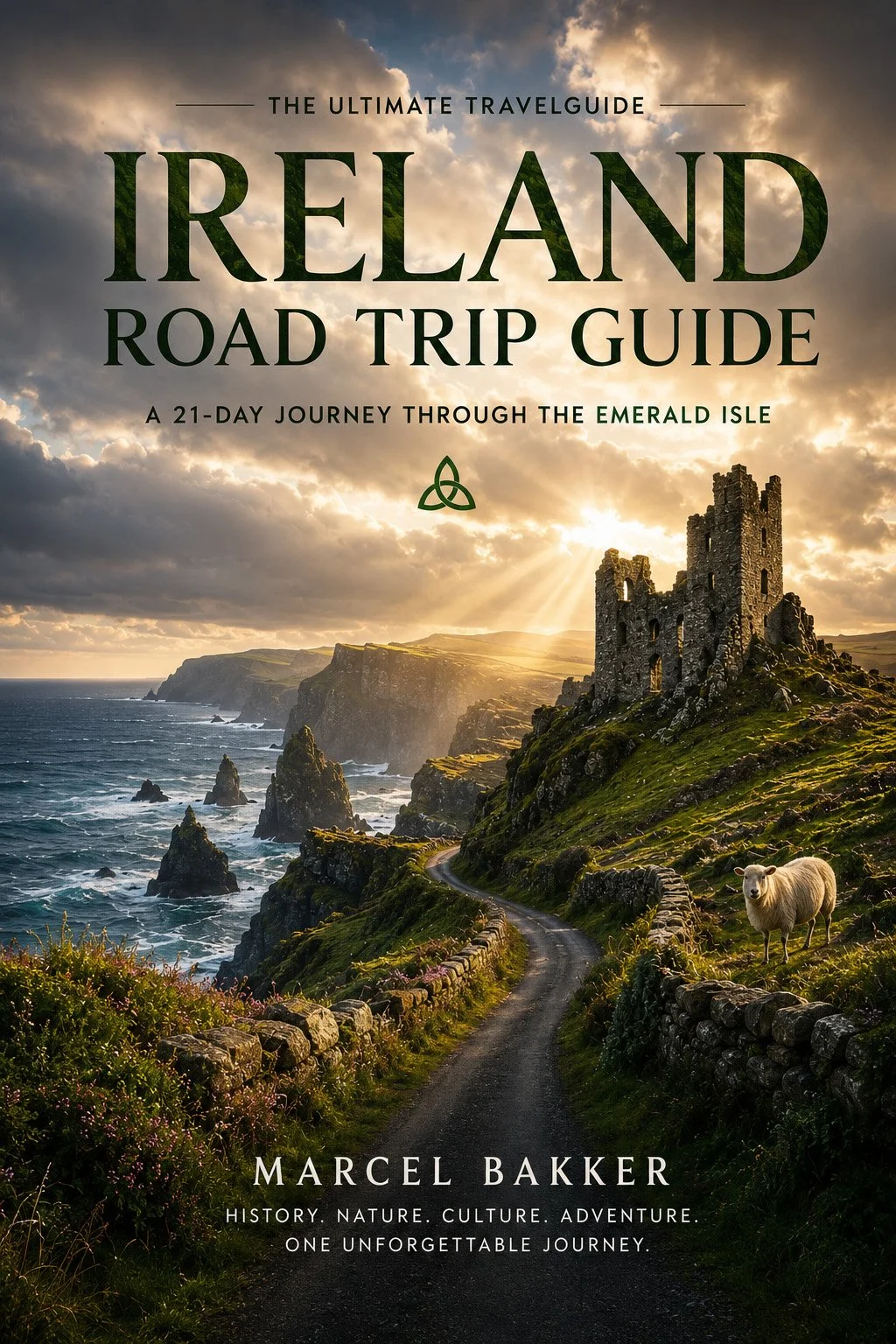 Boekomslag van een reisgids over Ierland met een landschap van de kliffen, een kasteel, een weg, een schaap en de zee onder een bewolkte hemel met de zon die doorbreekt.