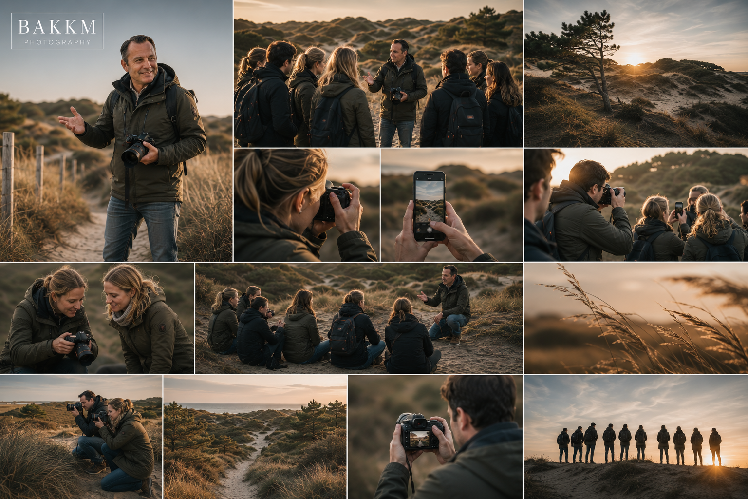 Fotografie van een groepsreis in een duinengebied bij zonsondergang, met mensen die foto's maken, luisteren en praten, en een man die een korte presentatie geeft. Variatie van close-ups en brede shots van de omgeving en de deelnemers.