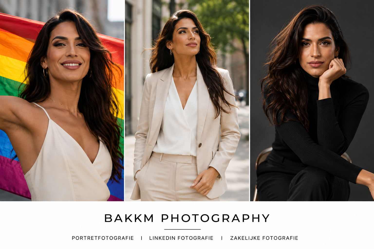 Een collage van drie portretfoto's van een vrouw met donkere, golvende haren. De eerste foto toont haar lachend met een regenboogvlag op de achtergrond. De tweede foto toont haar in een beige pak buiten, kijkend naar links. De derde foto is een studi