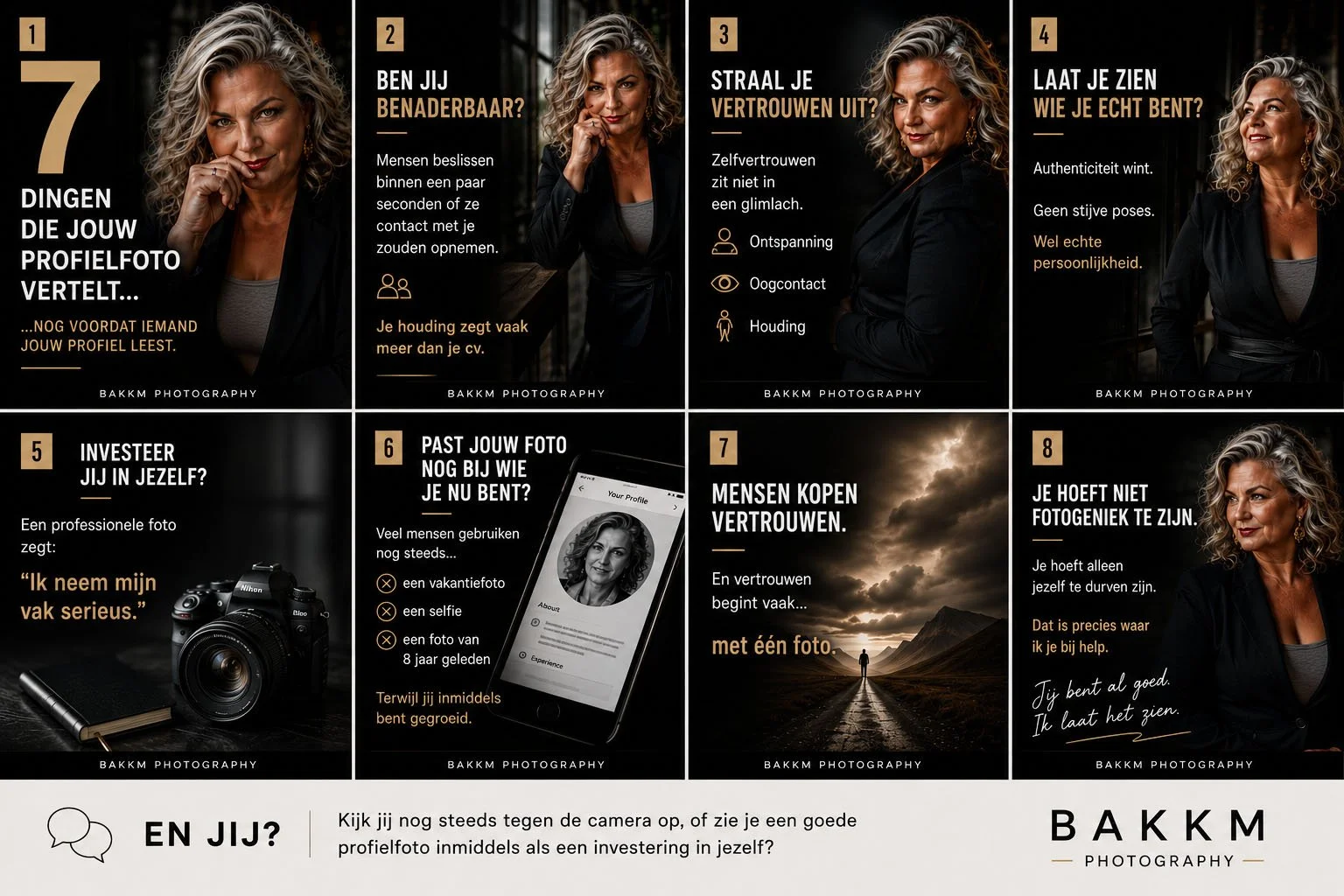 A collage of eight panels featuring a woman with curly blond hair in different poses and expressions, promoting personal branding and photography services. The panels include text in Dutch about profile photos, confidence, authenticity, and investing in oneself, with images of a camera, a smartphone displaying a profile, and a landscape with a person walking on a road.