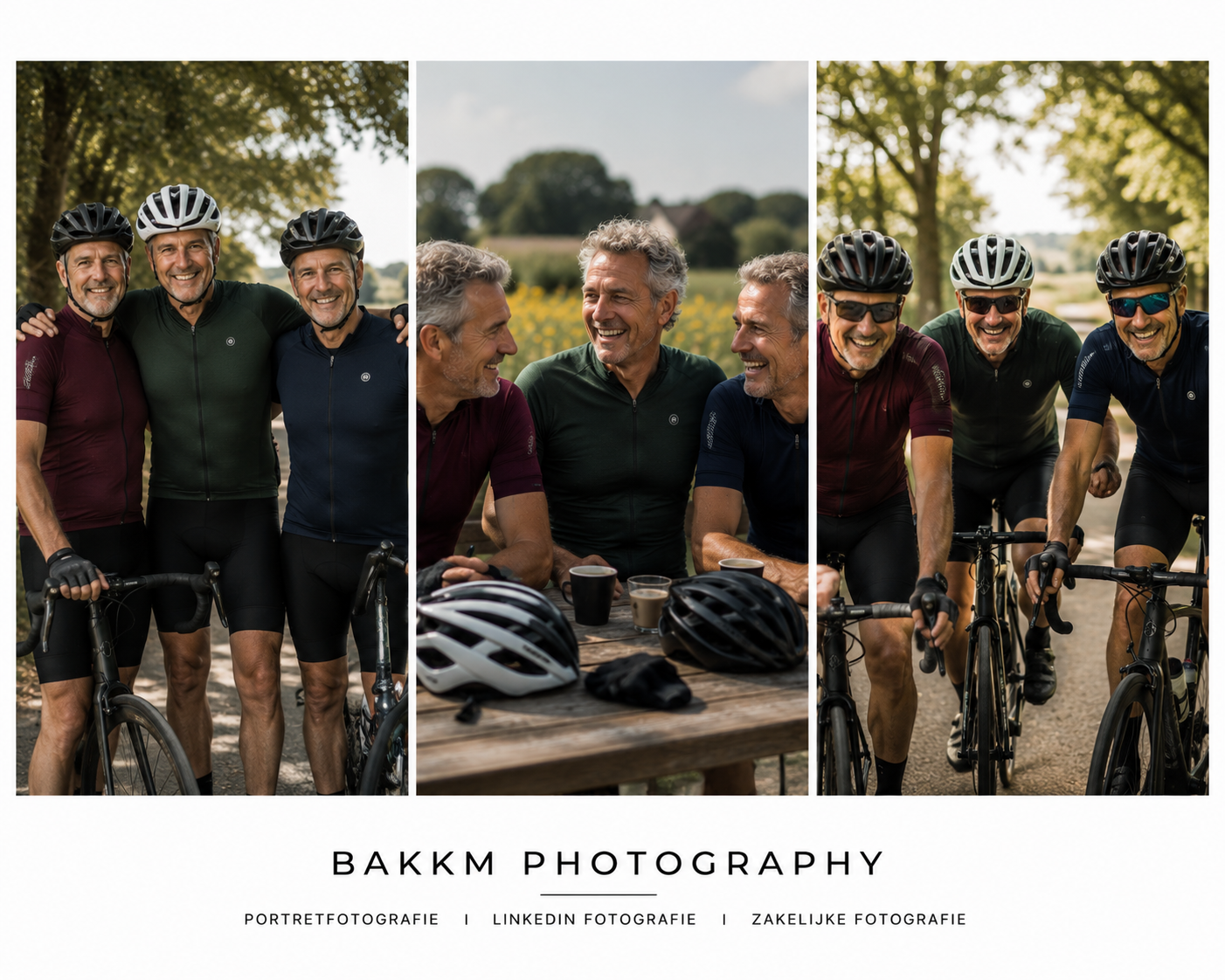 Een collage van drie foto's van vier lachende mannen die samen fietsen en genieten van een zomerse dag in de natuur, met een tekst over fotografiediensten onderaan.