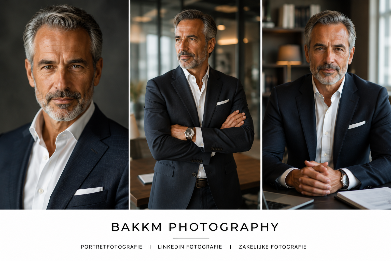 Een collage van drie portretfoto's van dezelfde man, gekleed in een zwarte pak en witte overhemd, genomen in een professionele kantooromgeving. 