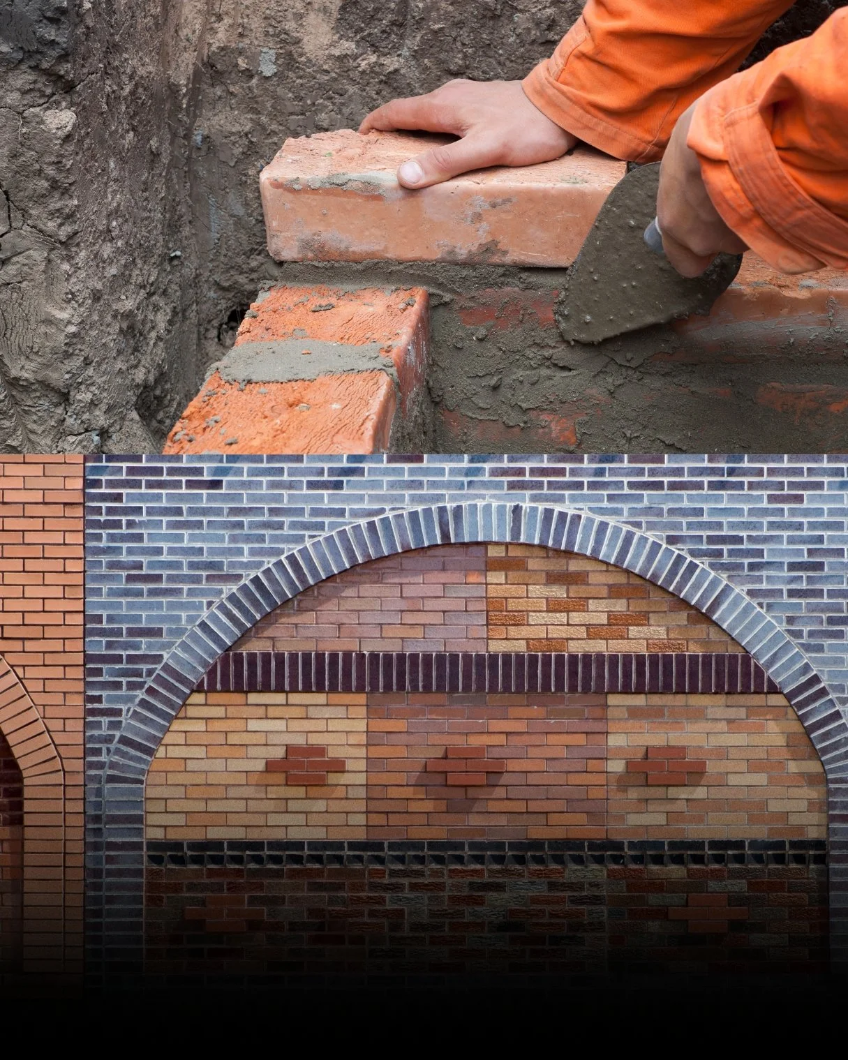 Vergleich eines Bauprozesses: oben rohes Mauerwerk mit Ziegelsteinen und Mörtel, unten fertig gestaltete Mauer mit bunten Ziegelsteinen und dekorativen Bögen.