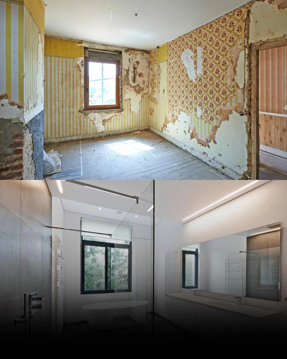 Vergleich eines alten, renovierungsbedürftigen Zimmers mit einem modernen, renovierten Badezimmer.