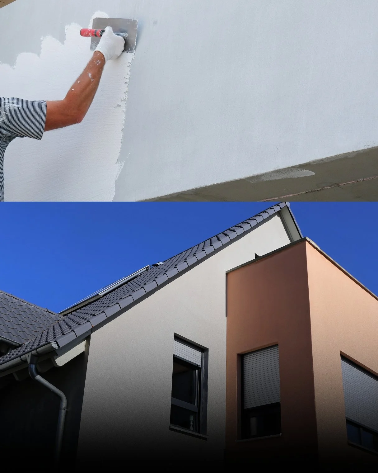 Oben zeigt eine Person beim Streichen der Wand, unten eine moderne Hausfassade mit mehreren Fenstern unter blauem Himmel.
