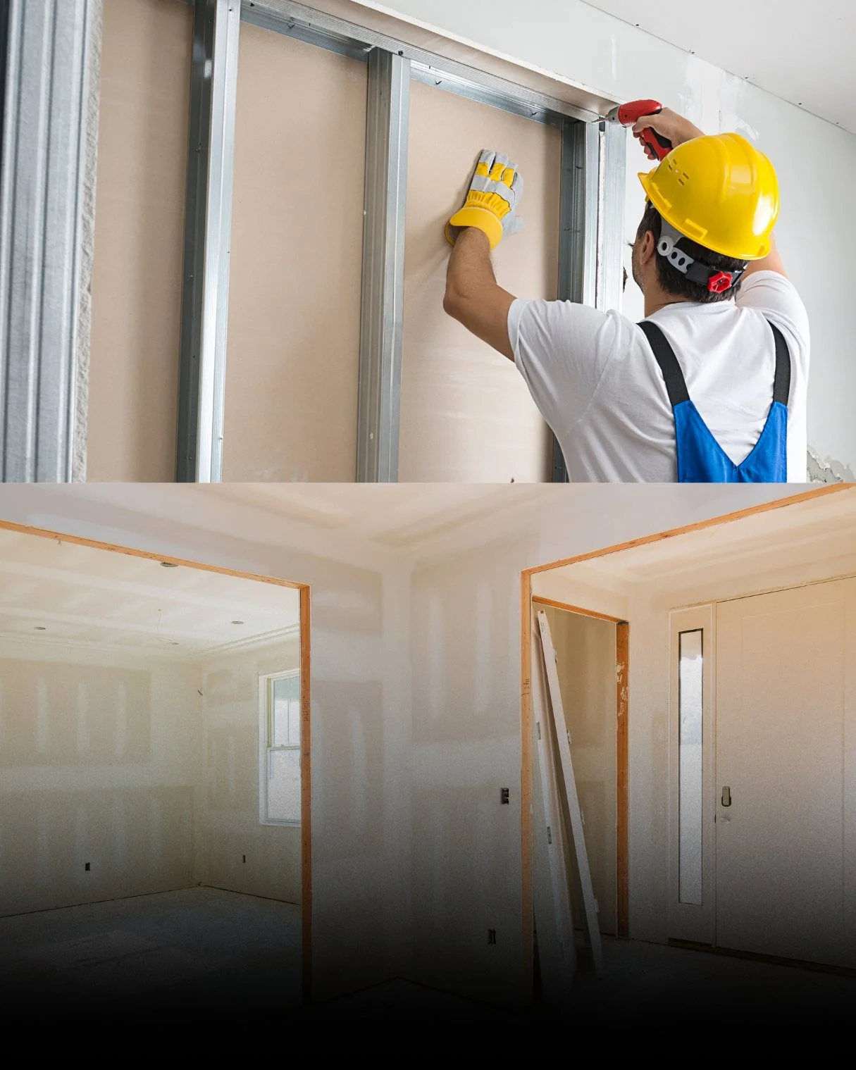 Ein Handwerker mit Gelber Schutzkappe und Arbeitshandschuhen, der in einem Raum Wände einrichtet, während er eine elektrische Schraubenzieher benutzt. Der Raum ist im Bau und noch unfertig.