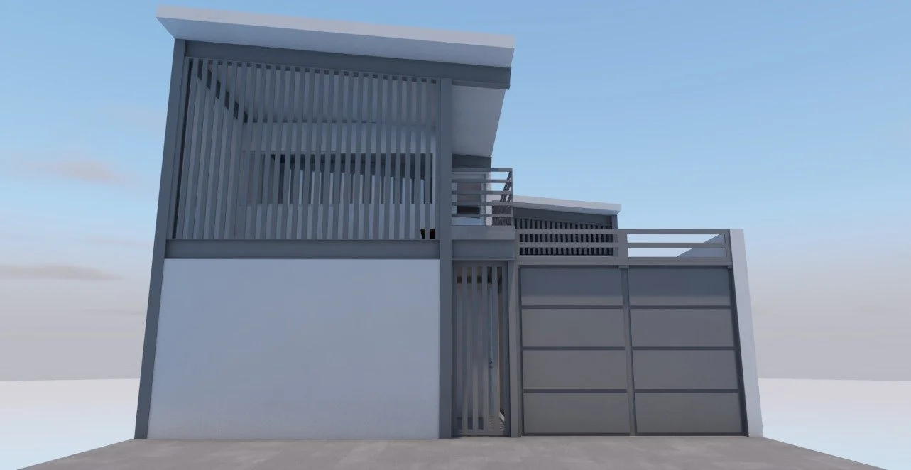 Fachada de bodega industrial con doble altura