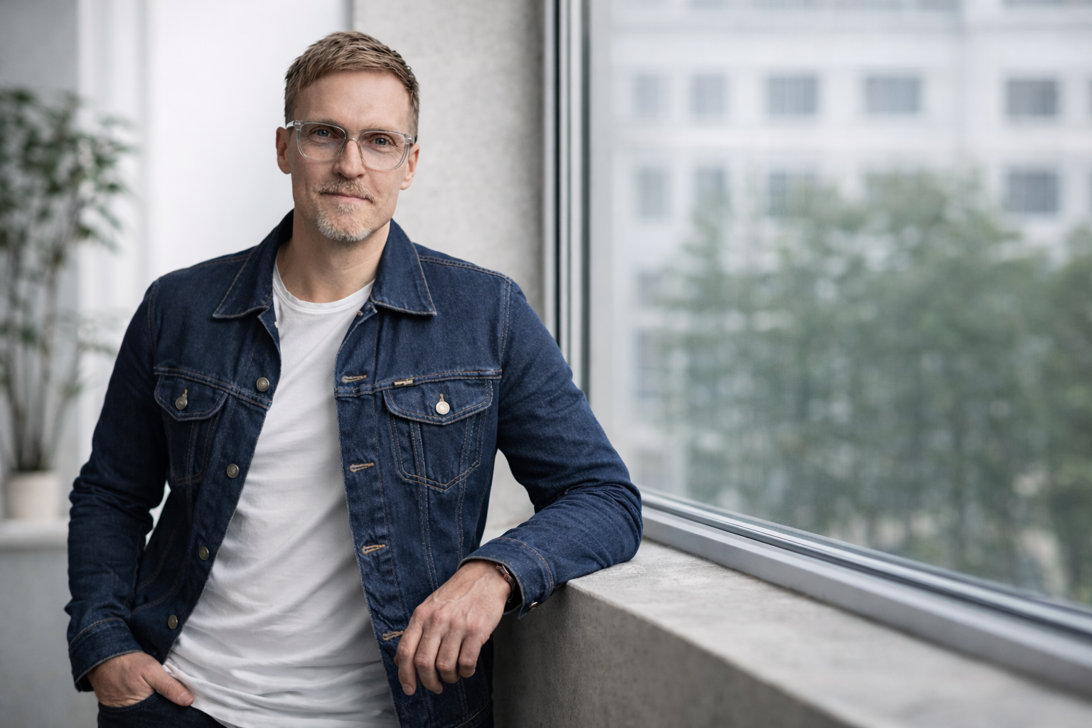 Mand i casual tøj står ved et vindue indendørs, med en byudsigts baggrund. Han har brunt hår, briller, og et kort skæg.