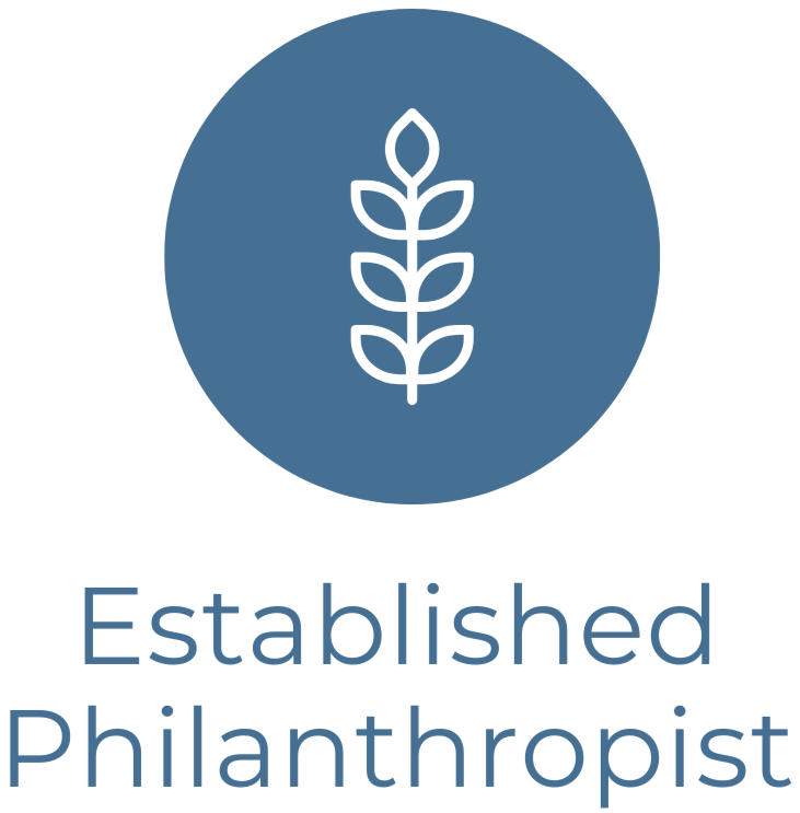 A logo with a white, simple plant symbol inside a blue circle, and the words "Established Philanthropist" below in blue text.