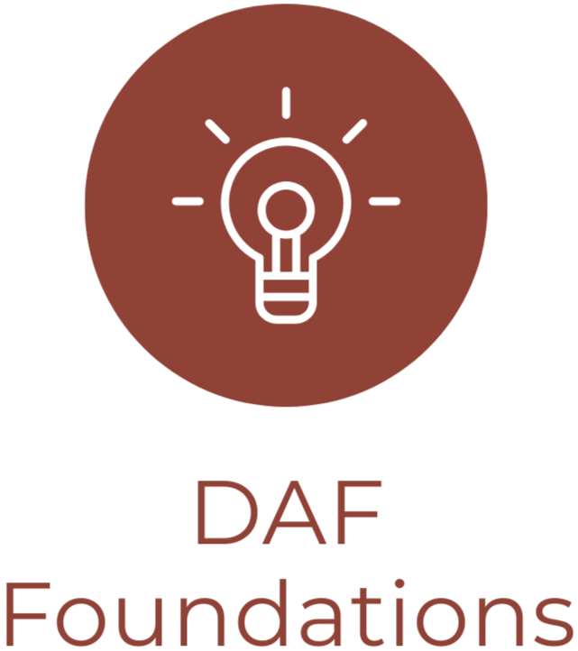 Logo with a white lightbulb icon on a brown circular background and the text 'DAF Foundations' below.