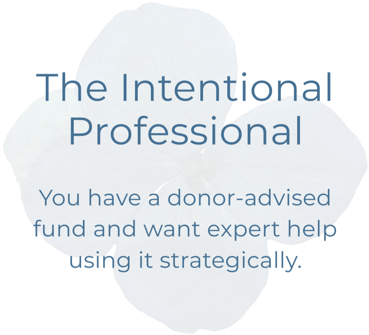Text overlay on a light, semi-transparent background with a floral pattern. The text reads: "The Intentional Professional. You have a donor-advised fund and want expert help using it strategically."