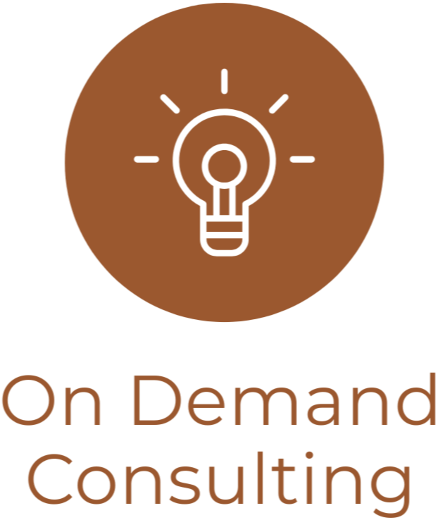 A white outline of a light bulb with rays emanating from it inside a brown circle, with the text "On Demand Consulting" below it.