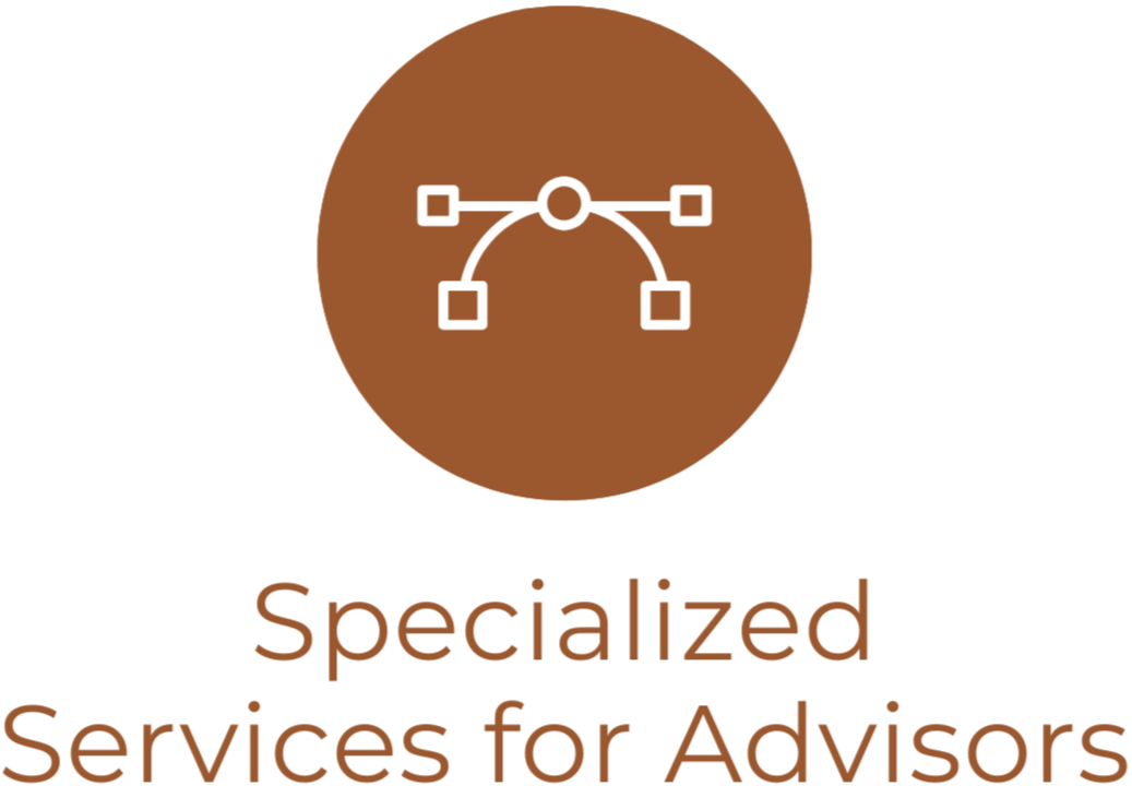 A logo with a brown circle containing interconnected nodes and lines, with the text 'Specialized Services for Advisors' below.
