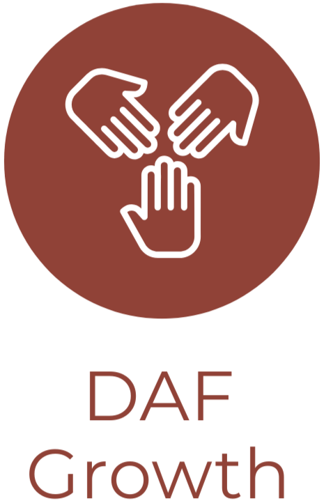 Icon of three hands stacked with the palms facing outward, symbolizing collaboration or teamwork, with the text 'DAF Growth' below.