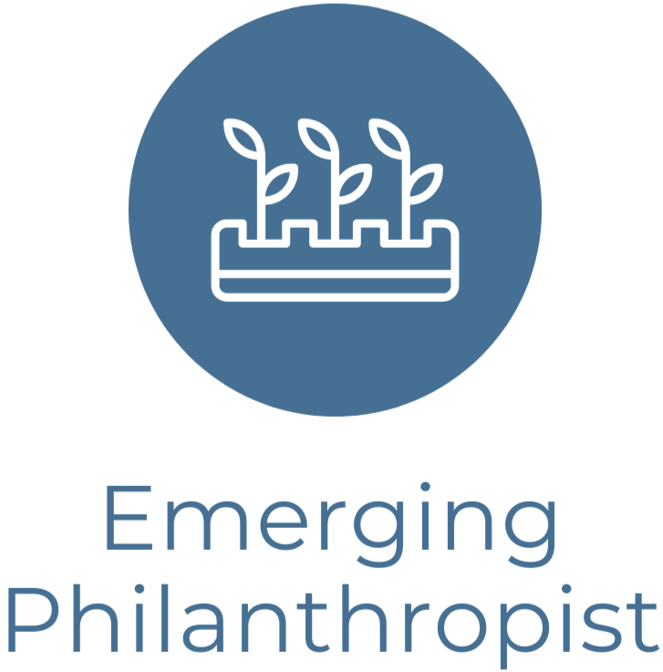 A logo with three sprouting plants inside a rectangular container and the text 'Emerging Philanthropist' below.