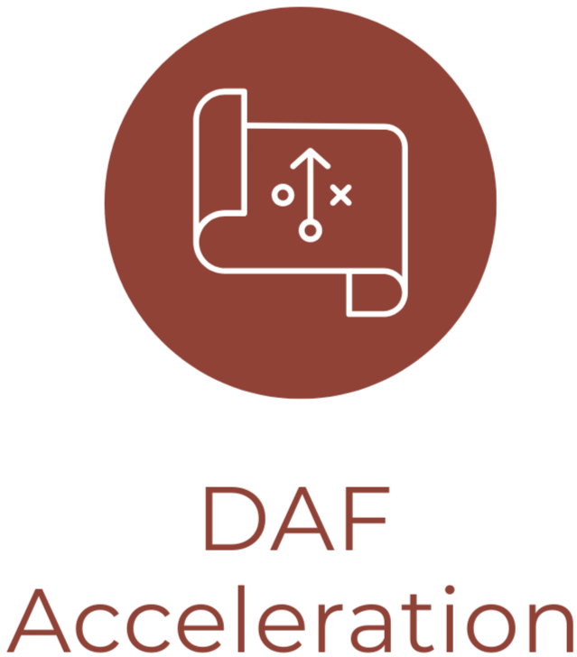 Logo with a flag of a strategy plan inside a circle, and the text "DAF Acceleration" below.