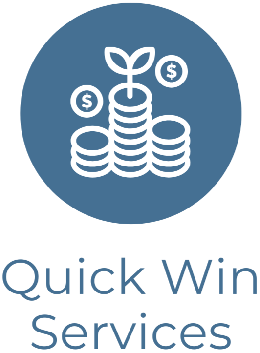 Logo for Quick Win Services featuring a plant sprouting from stacks of coins with dollar signs, on a blue circular background.