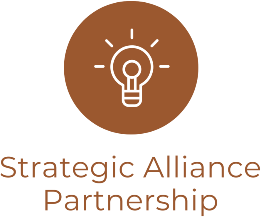 An icon of a light bulb with rays around it, symbolizing ideas or innovation, on a brown circular background. Below, the text reads "Strategic Alliance Partnership" in brown font.