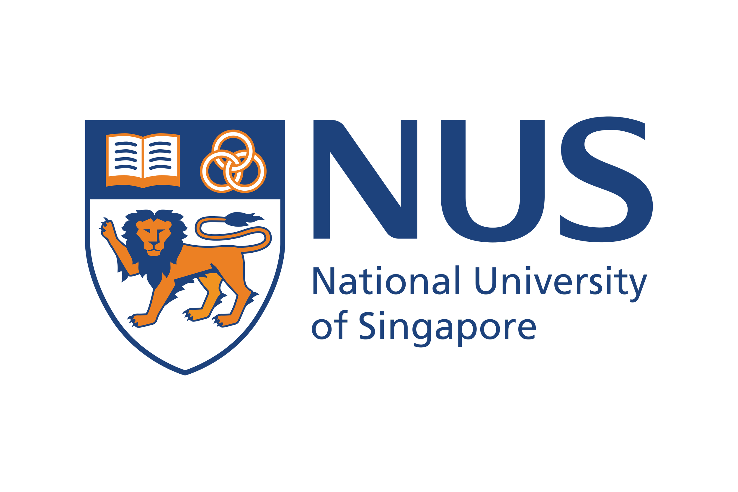 Logo der National University of Singapore mit Löwen, Büchern und Ringen