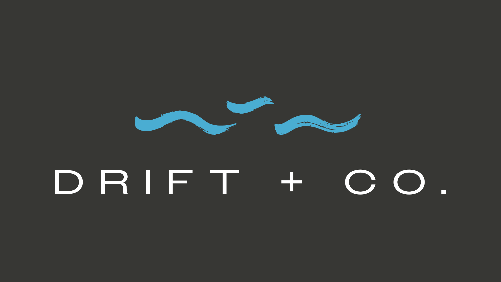 Dark background with three blue brushstroke lines above the text 'DRIFT + CO.' in white font.