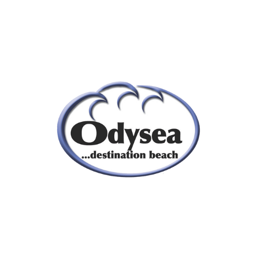 Odysea Destination Beach logo with waves and a blue oval outline.