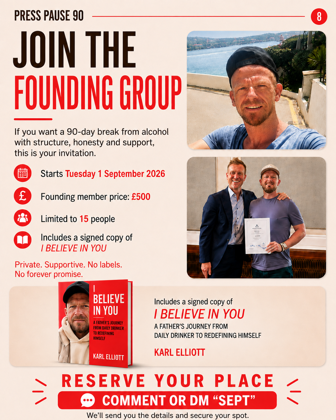 Flyer promoting a support group for sobriety, with photos of a man taking a selfie and two men at an award presentation, and details about the event starting September 1, 2026.