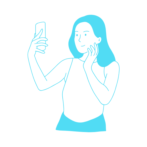 Line drawing of a woman taking a selfie with a smartphone.