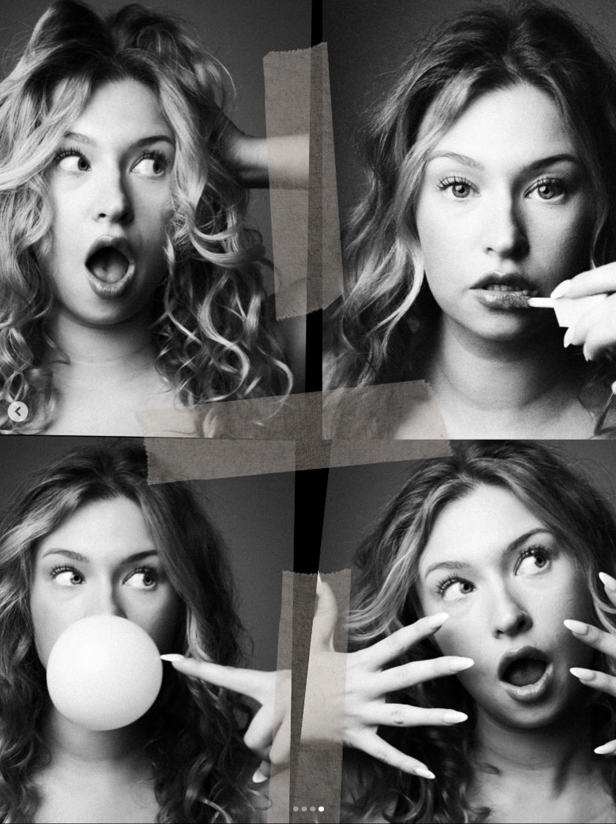 Four black-and-white photos of the same young woman with wavy hair, displaying different expressions. Photographer shooting in The Space MCR content studio in Manchester.