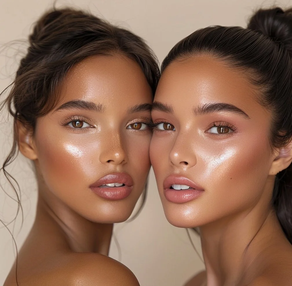 Two women with glowing skin and makeup looking directly at the camera, close up portrait.