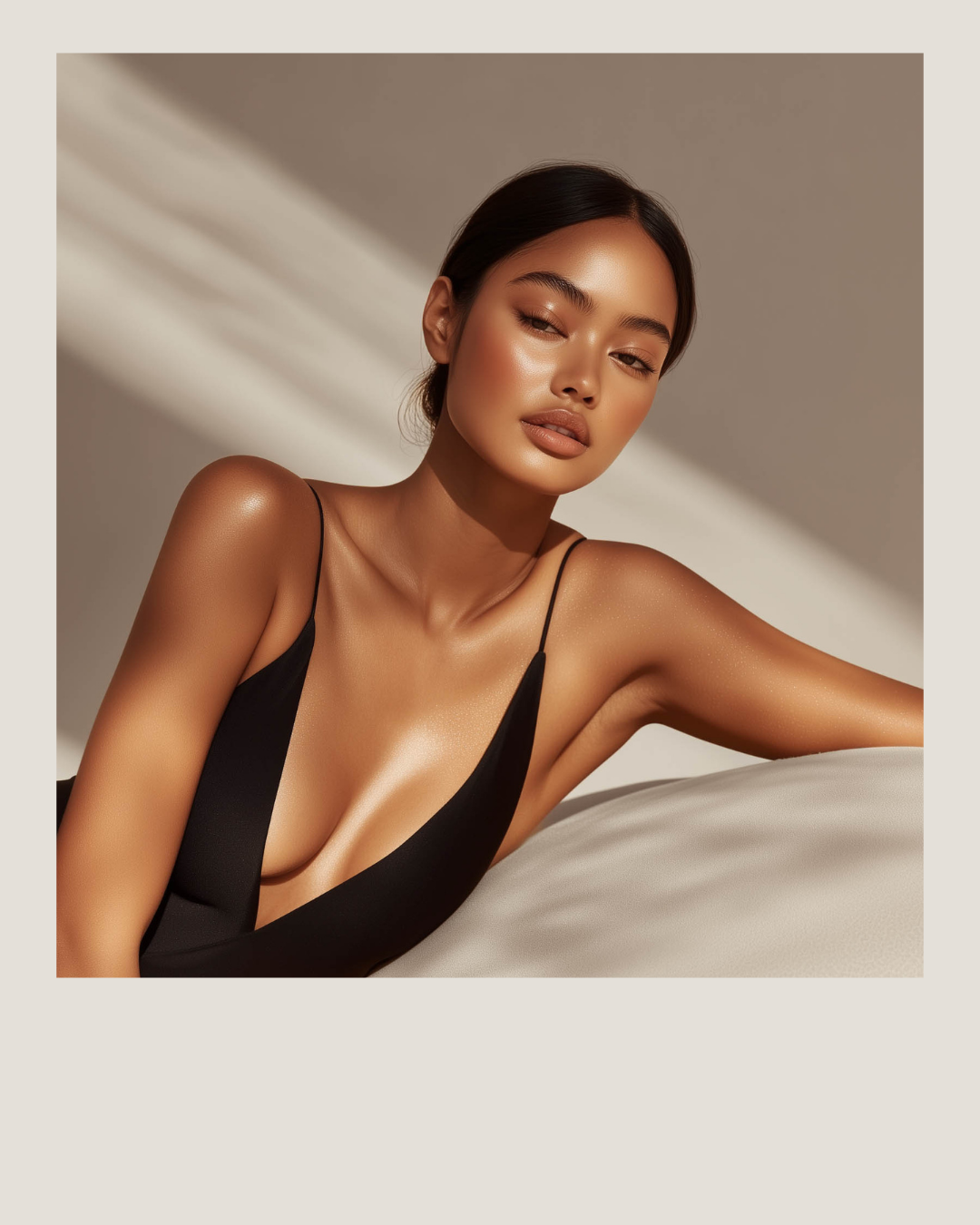 A woman with long dark hair lying on a surface, wearing a black spaghetti strap top, with a neutral expression and natural makeup, soft lighting, and a beige background.