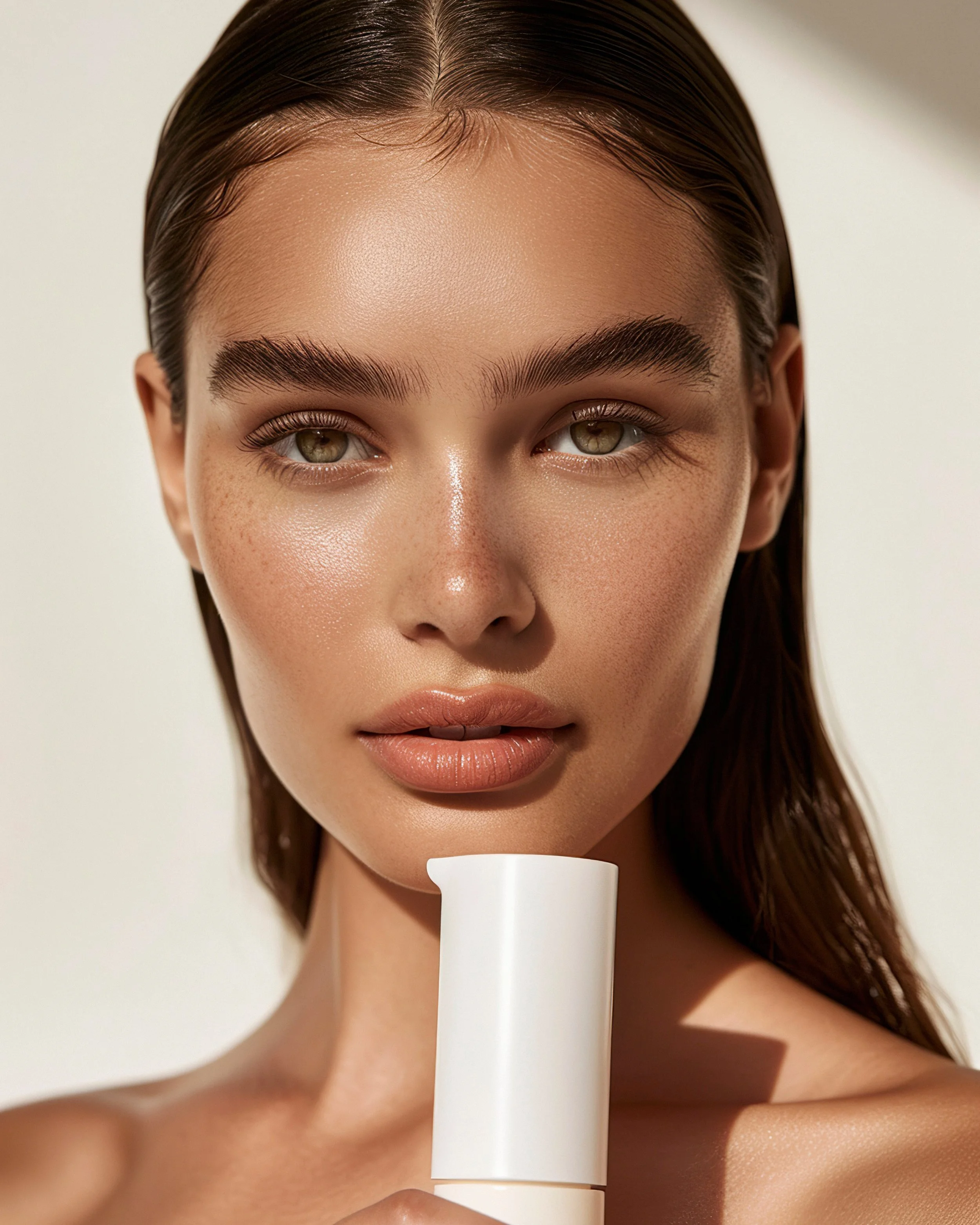 Close-up of a young woman holding a white cosmetic container near her face, with clear skin, brown hair, and natural makeup.
