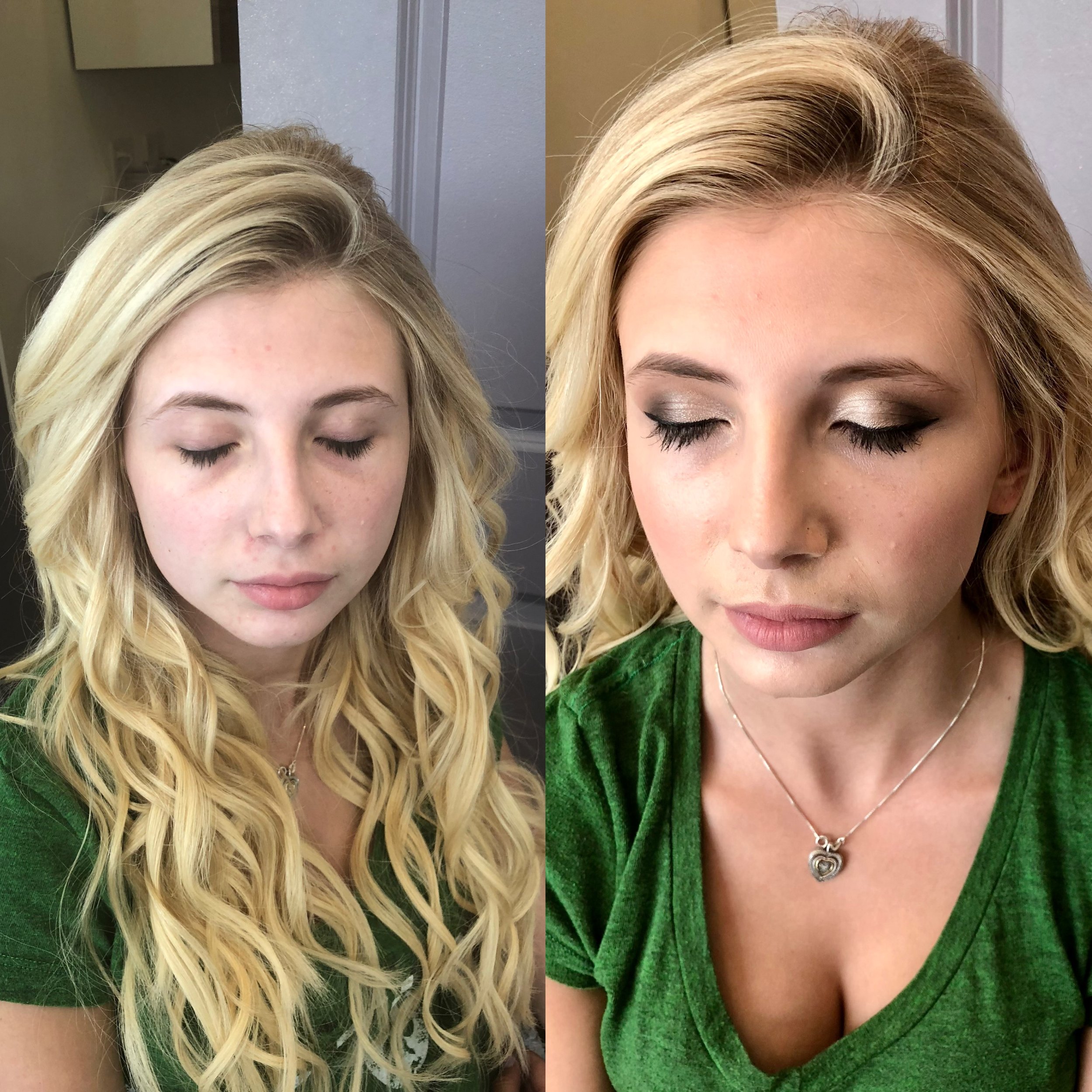 Side-by-side comparison of a woman before and after makeup or skincare enhancement, showing smoother skin and more defined features in the after image.