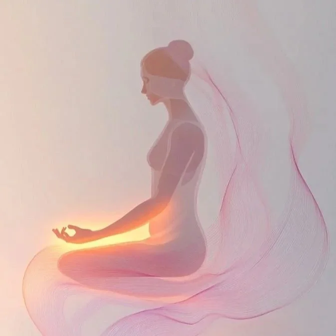 Illustration of a calm woman in a seated pose with soft light around her hands, representing Reiki and energy healing for emotional balance and wellbeing