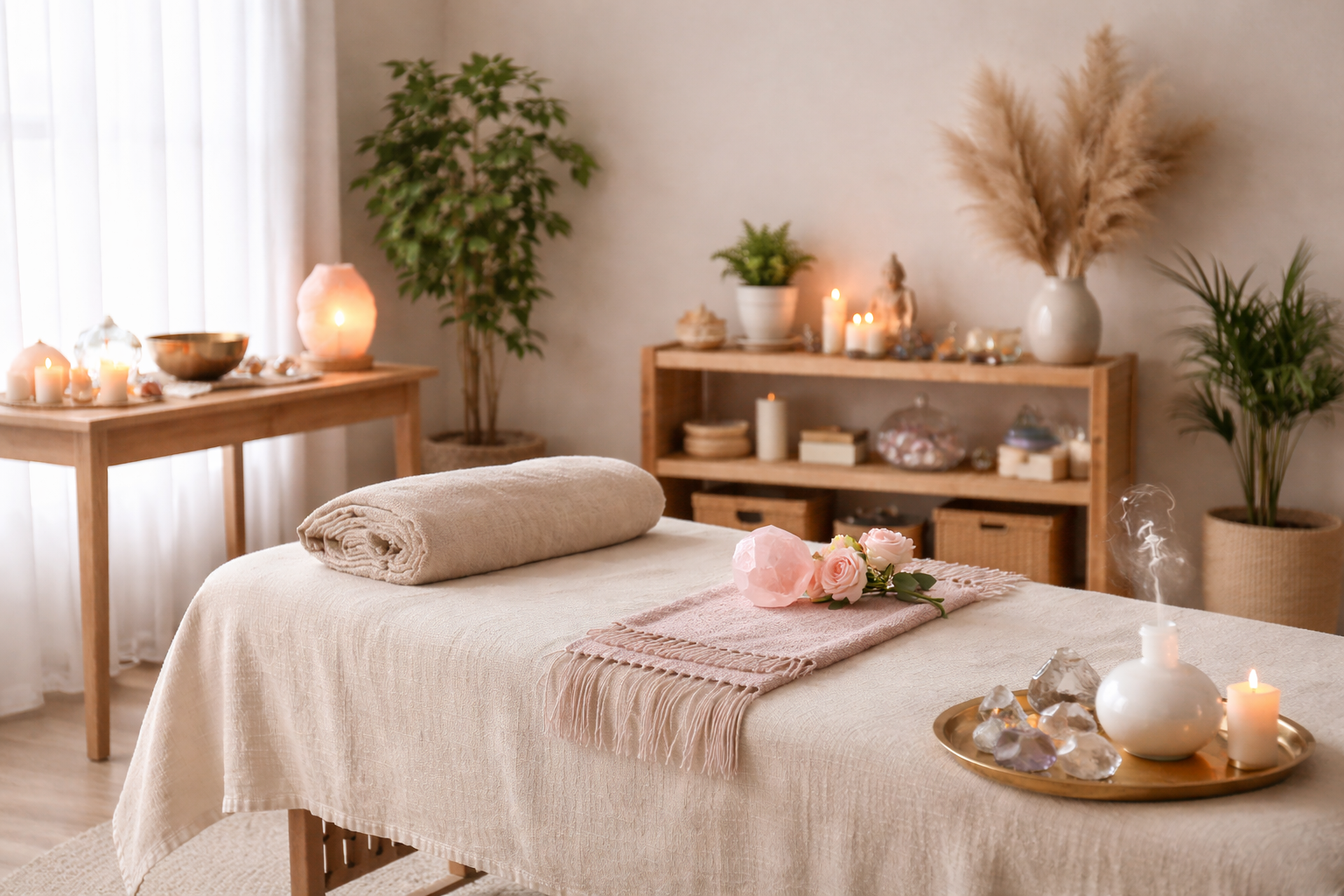 Candles and crystals arranged in a cosy room for an energy healing session