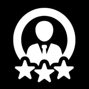 An icon of a person in a suit with three stars below, symbolising professionalism, integrity and great service