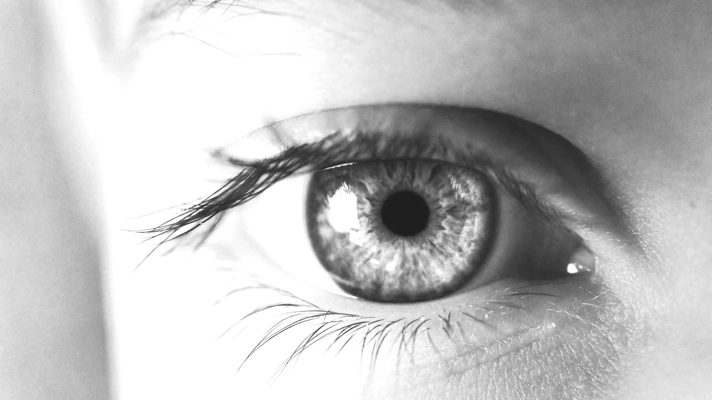 A close-up black-and-white photograph of a human eye, showing the iris, pupil, eyelashes, and surrounding skin.