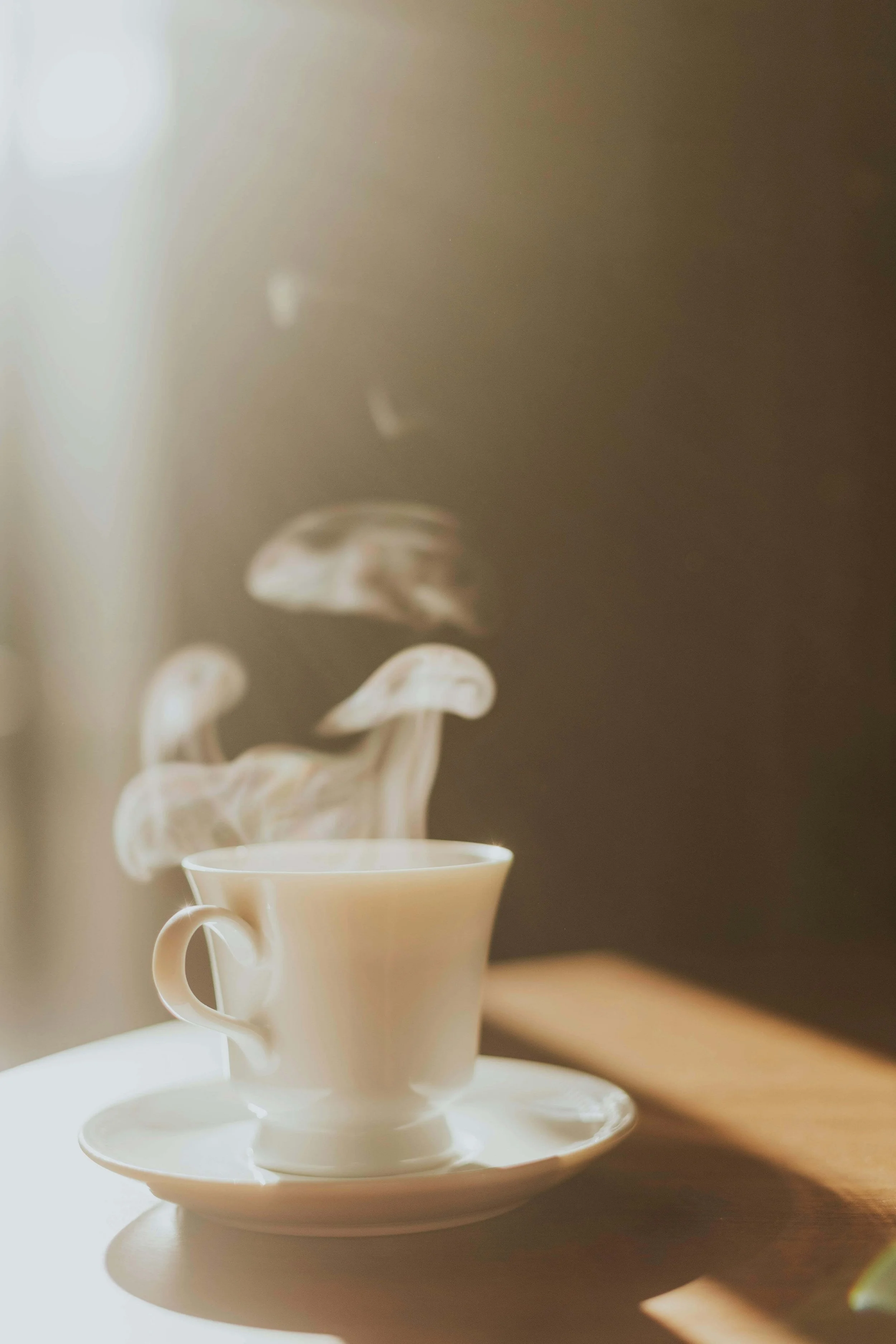 White teacup filled with tea, steam rising in swirls, on a matching saucer, placed on a wooden surface with soft lighting.