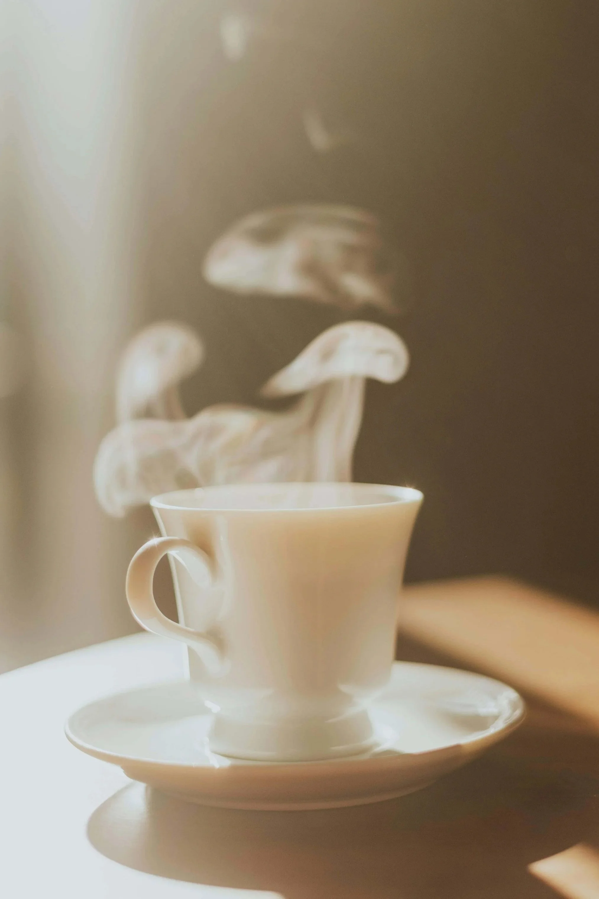 A white porcelain teacup and saucer set sitting on a light-colored surface with steam rising from the cup, suggesting a hot beverage like tea or coffee.