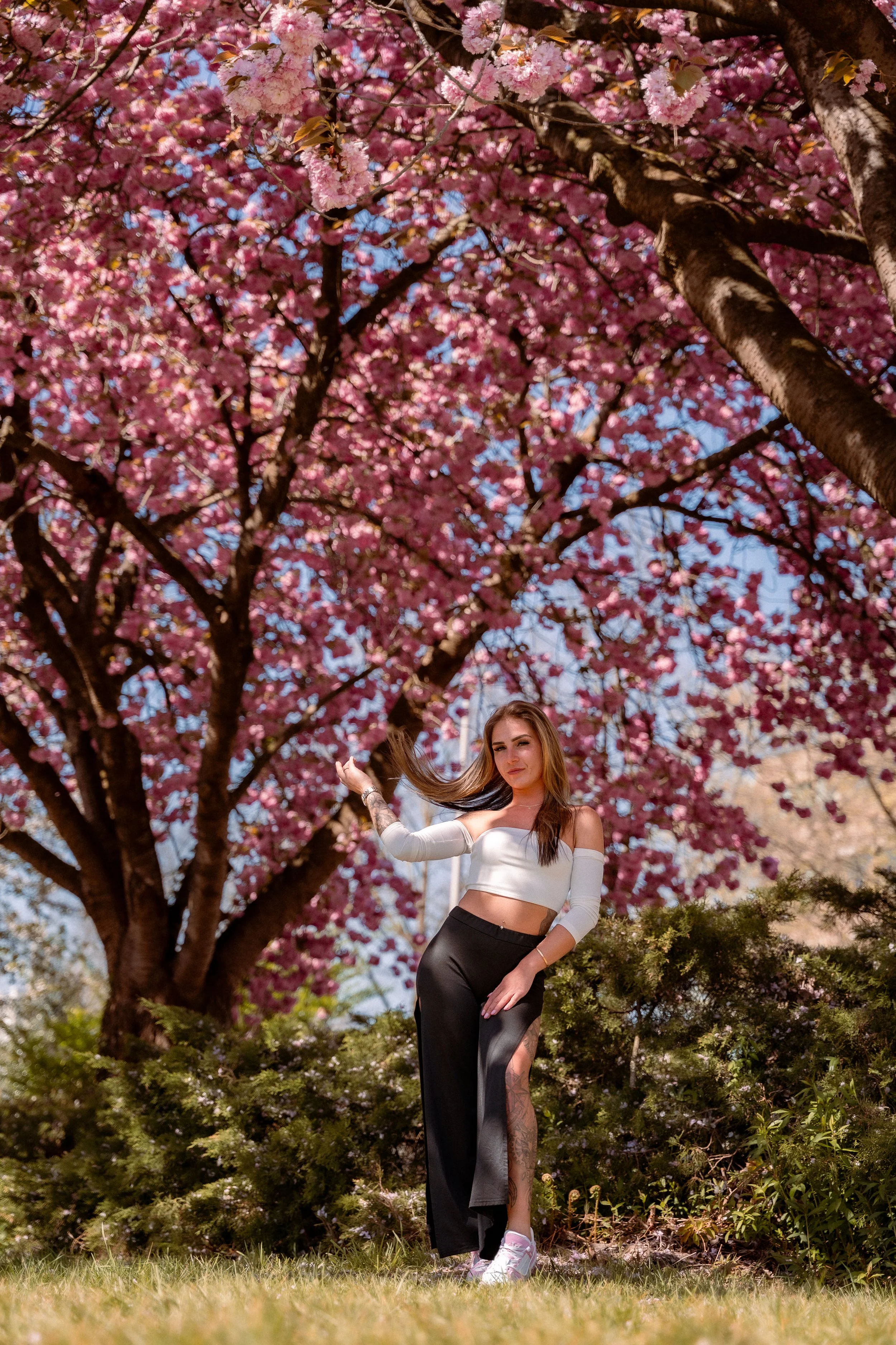 A woman standing under a large pink flowering tree during spring, wearing a white crop top and black pants, with her hair flowing in the wind.