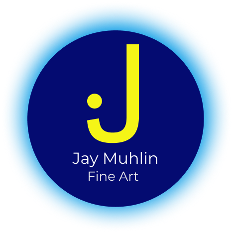 Logo with a dark blue circle background featuring a yellow lowercase 'j' and the name Jay Muhlin with the label 'Fine Art' underneath, encased in a light blue border.