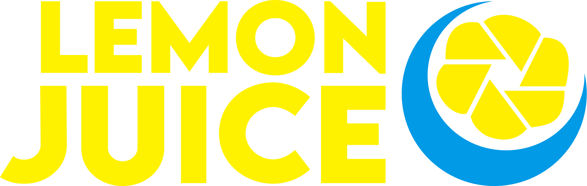 Logo for Lemon Juice with yellow text and a blue lemon slice icon.