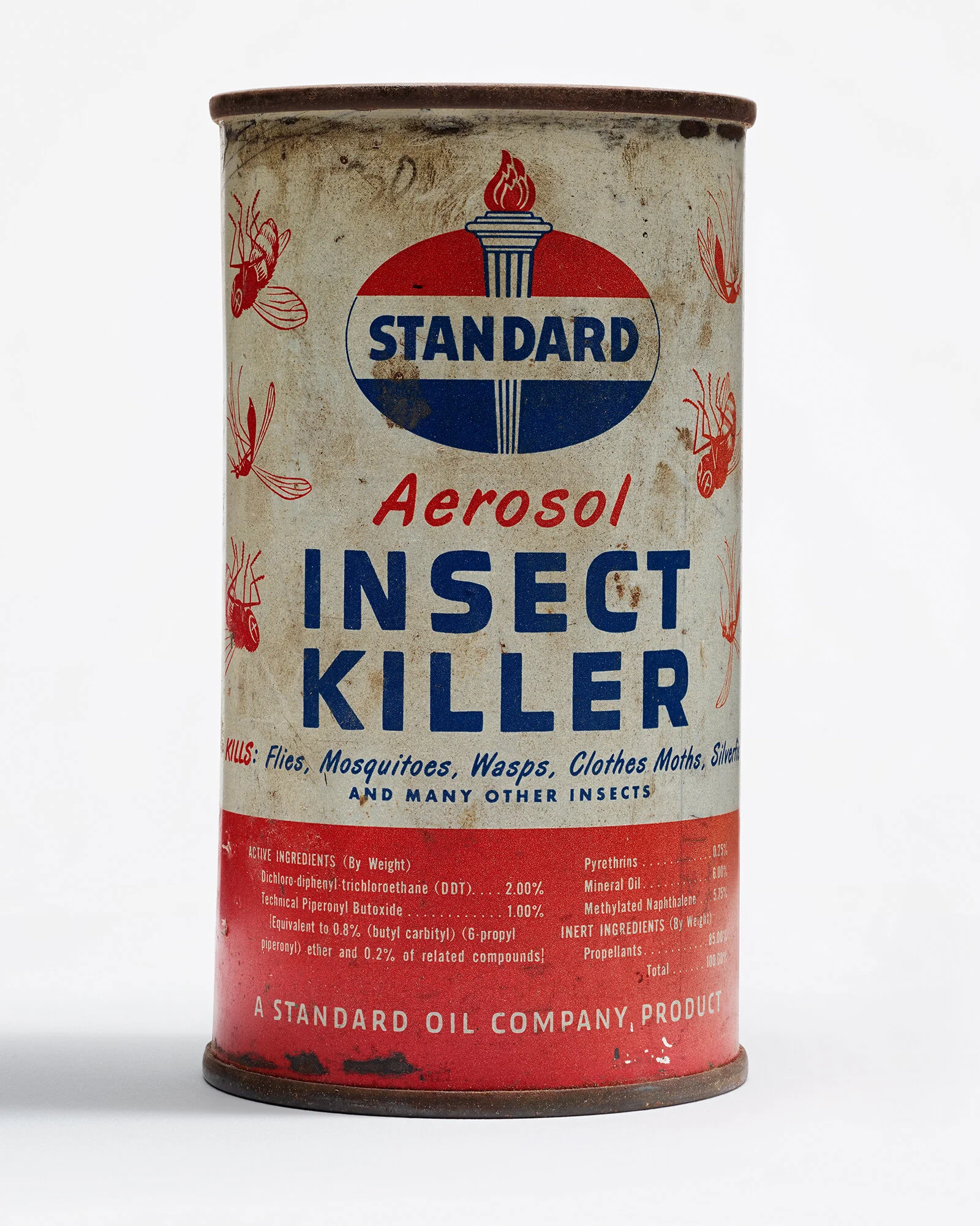 A vintage can of Standard Aerosol Insect Killer with a worn label featuring red, white, and blue colors, printed with the product's purpose to kill flies, mosquitoes, wasps, clothes moths, silverfish, and other insects.