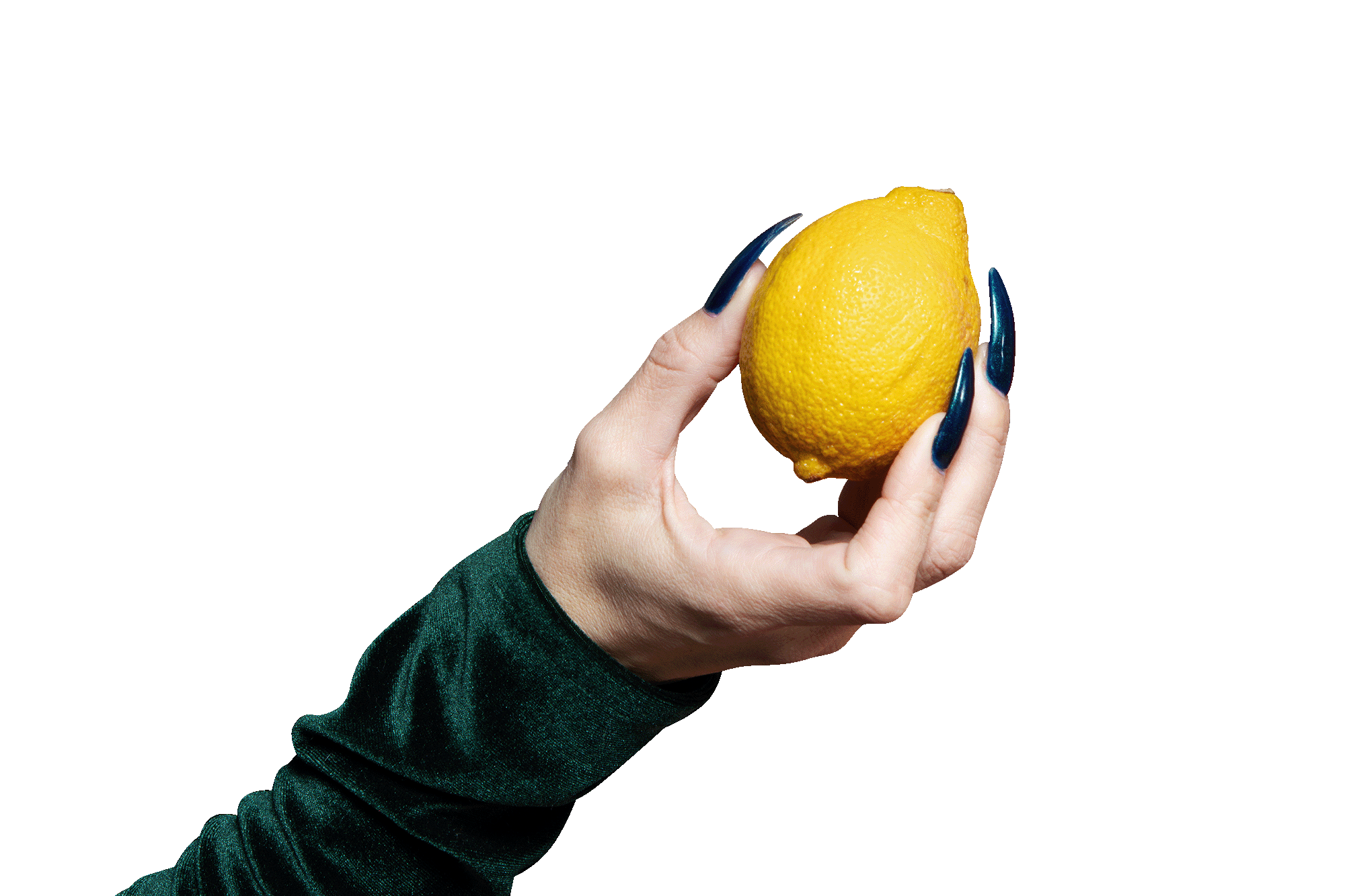 A hand with long blue nails holding a bright yellow lemon against a black background.
