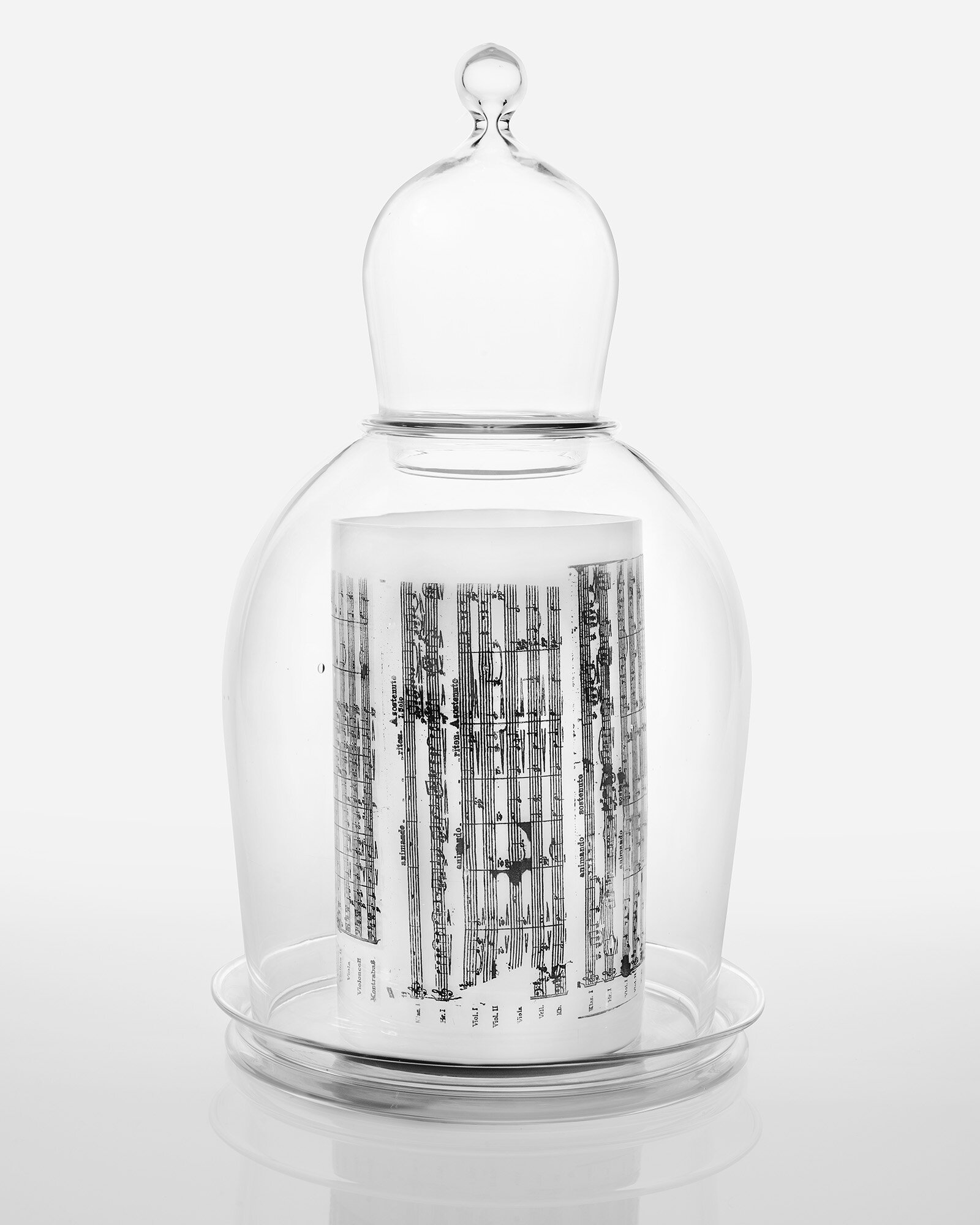 A clear glass baby bottle with a baby formula label inside, covered by a glass cover with a round handle.