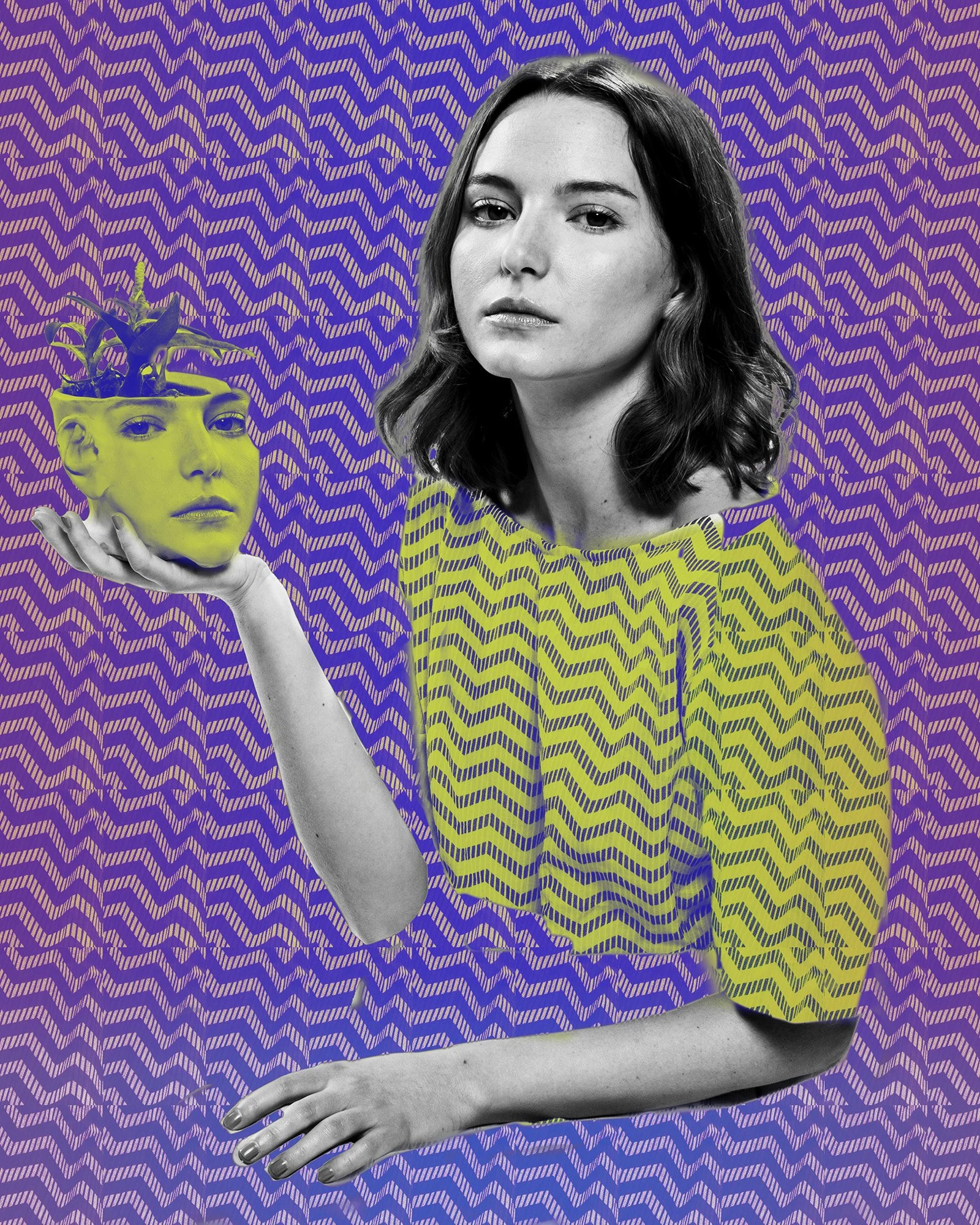 A woman with shoulder-length dark hair gazes at the camera. She is wearing a yellowish-green top with a zigzag pattern, and her left arm is extended. She is holding a smaller, yellowish-green head with a face, from which plants are growing out of the