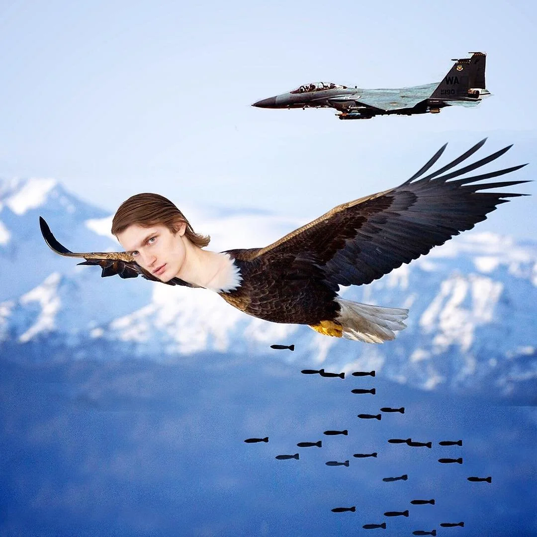A digitally manipulated image of a person with a human face flying like an eagle, with an fighter jet in the background, over snowy mountains.