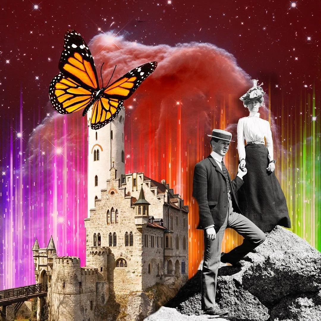 A collage featuring a castle, a large orange butterfly, a woman and a man dressed in vintage clothing, a colorful starry sky, and rainbow-colored digital effects.