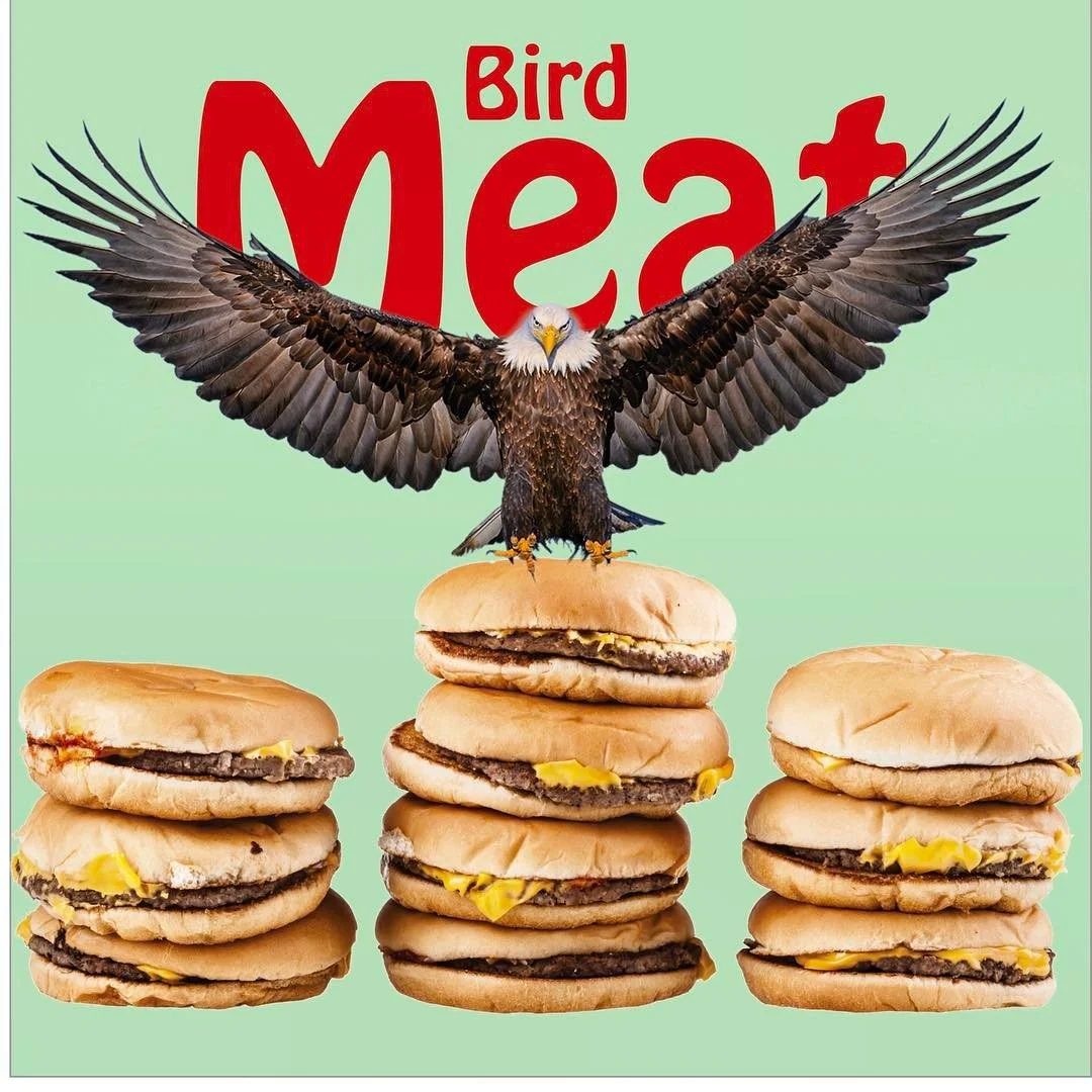 A composite image featuring a bald eagle with wings spread wide, standing on top of a breakfast sandwich cheeseburger. The background is light green with the words "Bird Meat" in red, and there are three stacks of breakfast cheeseburgers with hamburg