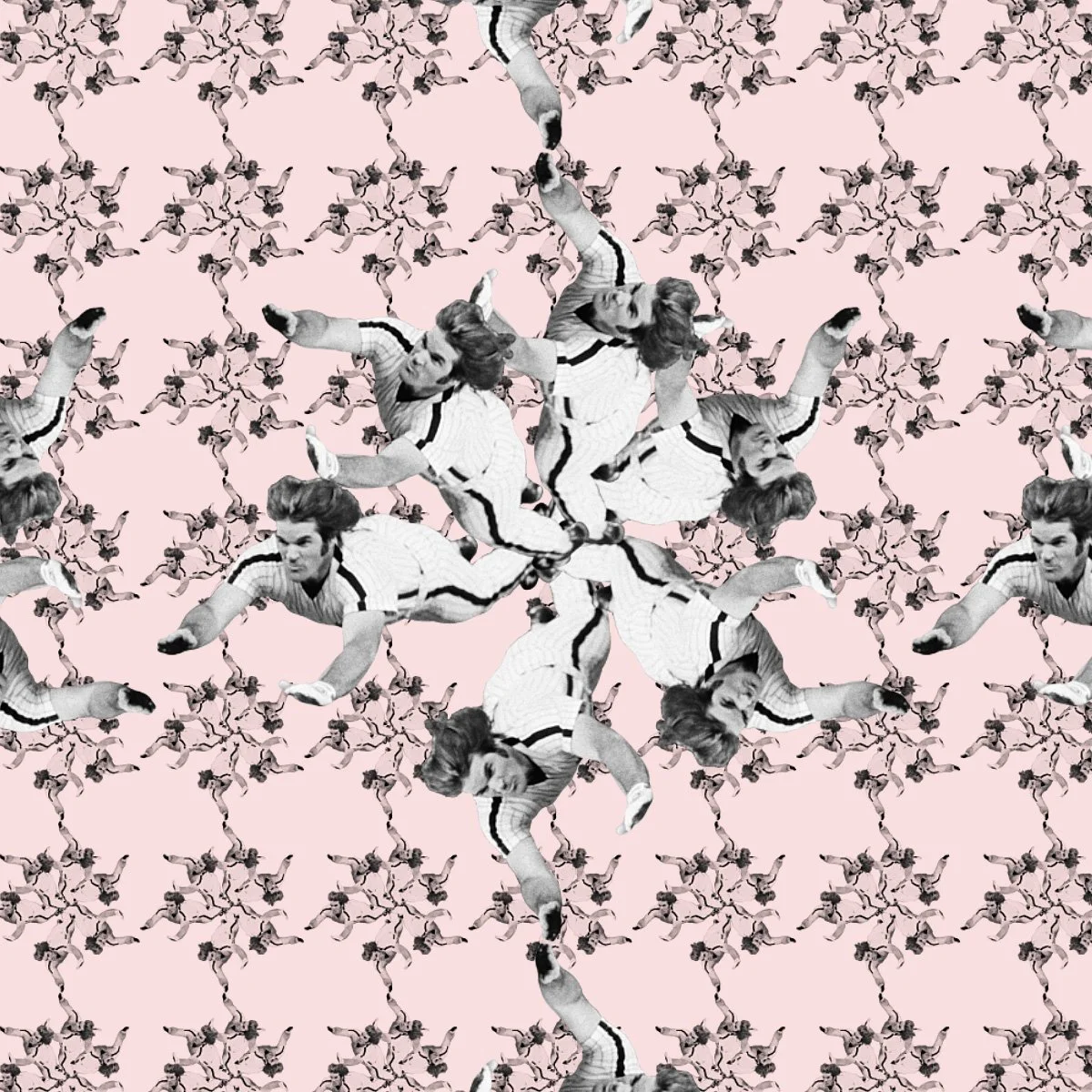 A digital collage featuring multiple black-and-white images of a woman in a striped outfit and a man in a sports jersey arranged in a kaleidoscopic, symmetrical pattern on a pink background.